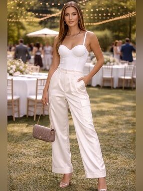 Tractr Light Beige Cargo Satin Trousers Pants Wide Leg Elastic waistband Sz 4/27